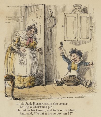 Lilla Jack Horner satt i hörnet och åt en julpaj. Han satte in tummen och tog fram ett plommon och sa: "Vilken modig pojke är jag!" (färgad gravyr) av English School