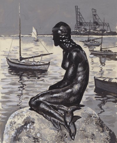 Lilla sjöjungfrustatyn i Köpenhamn (gouache på papper) av English School