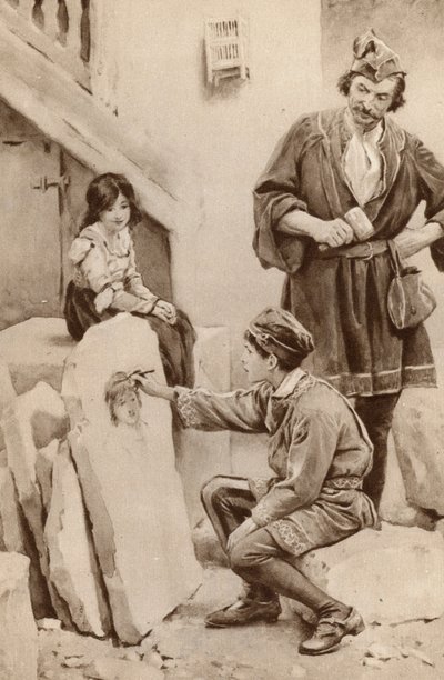 Lille Michael Angelo ritar ett porträtt (lito i färg) av English School