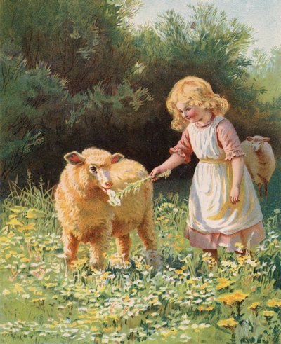 Liten flicka som matar en blomma till ett får på en äng (chromolitho) av English School