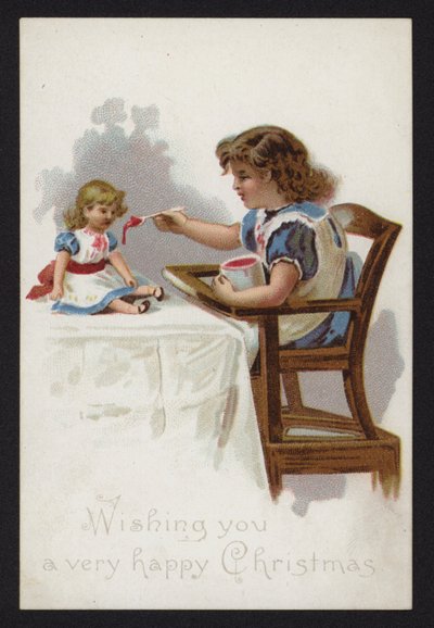 Liten flicka som leker med att mata sin docka, julhälsningskort, sent 1800- eller tidigt 1900-tal av English School