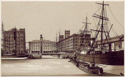 Liverpool: Waterloo Dock och spannmålslager (litografi) av English School