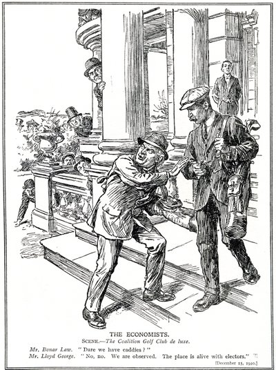 Lloyd George och Bonar Law på Coalition Golf Club, rädda för Anti-Waste-ligan, måste avstå från lyxen av caddies. december 1920 av English School