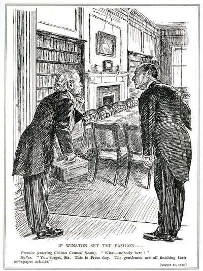 Lloyd George går in i ett kabinettsrum tom på ministrar som är upptagna med att skriva artiklar för tidningarna, augusti 1920 av English School