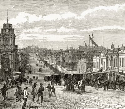 Blick österut på Bourke Street, Melbourne, omkring 1880, från "Australian Pictures" av Howard Willoughby, utgiven av Religious Tract Society, London, 1886. av English School