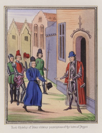 Lord Charles of Blois får staden Jugon i besittning (färgad gravyr) av English School