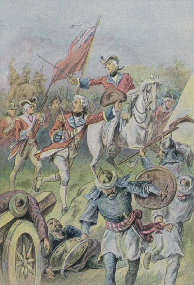 Lord Clive befaller britterna i slaget vid Plassey, Indien, 1757 av English School