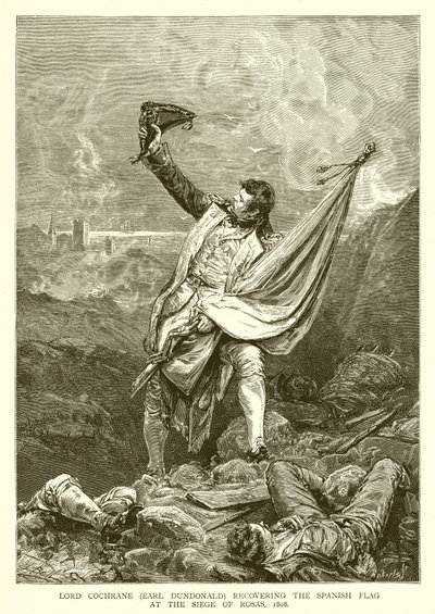 Lord Cochrane (Earl Dundonald) återställer den spanska flaggan vid belägringen av Rosas, 1808 av English School