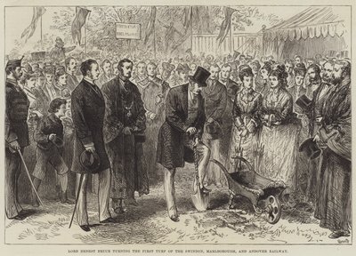 Lord Ernest Bruce Turning the First Turf of the Swindon, Marlborough och Andover Railway (gravyr) av English School