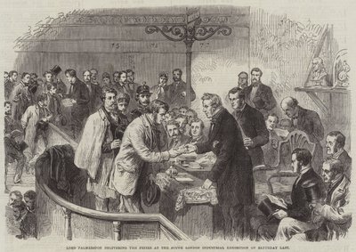Lord Palmerston levererar priserna på South London Industrial Exhibition på Saturday Last (gravyr) av English School