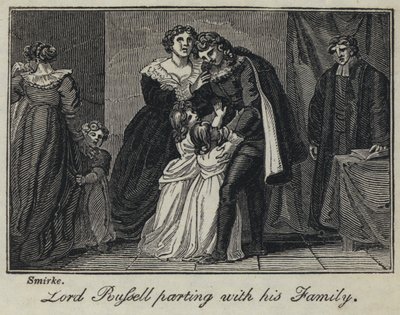 Lord Russell skiljer sig med sin familj (gravyr) av English School