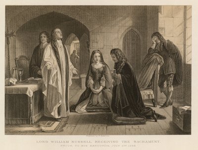 Lord William Russell tar emot sakramentet innan han avrättades, 21 juli 1683 (gravyr) av English School
