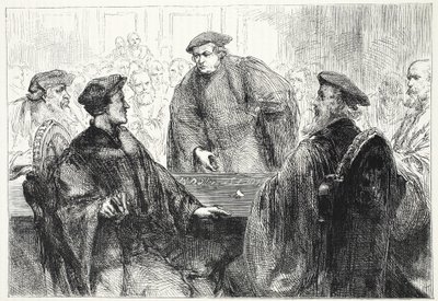 Luther och Zwingle diskuterar i Marburg, illustration från The History of Protestantism av James Aitken Wylie (1808-1890), pub. 1878 av English School