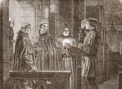 Luther går in i Augustinerklostret, illustration från The History of Protestantism av James Aitken Wylie (1808-1890), pub. 1878 av English School