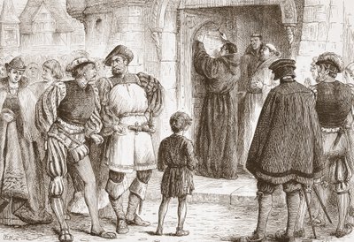 Luther spikade sina teser på dörren till Schloss-Kirk i Wittemberg, illustration från The History of Protestantism av James Aitken Wylie (1808-1890), pub. 1878 av English School