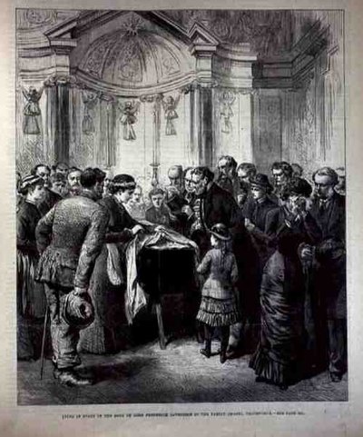 Ligger i staten, Lord Frederick Cavendishs (1836-82) kropp i Family Chapel, Chatsworth, från The Illustrated London News, 20 maj 1882 av English School