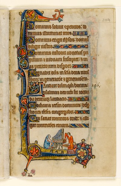 MS 1-2005, fol. 204r: Playing an Organ, marginaldekoration från Macclesfield Psalter, Use of Sarum, East Anglia, ca 1330 av English School