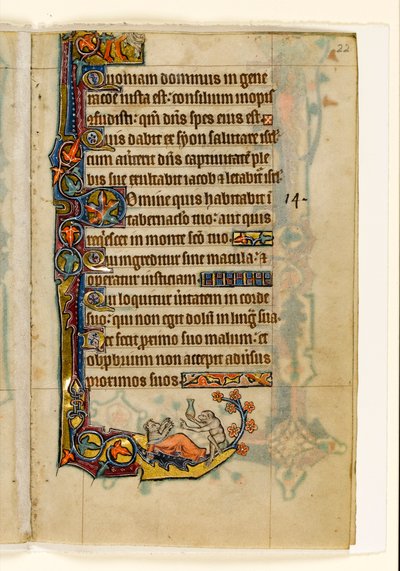 MS 1-2005, fol. 22r: Apdoktorn och hans björnpatient, marginaldekoration från Macclesfield Psalter, Use of Sarum, East Anglia, c.1330 av English School