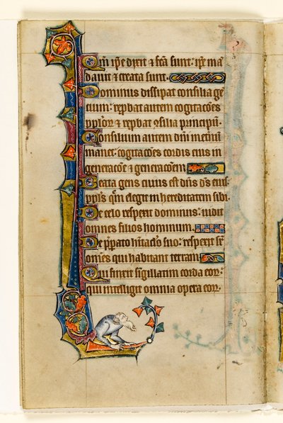 MS 1-2005, fol. 47v: En grotesk, marginell dekoration från Macclesfield Psalter, Use of Sarum, East Anglia, c.1330 av English School