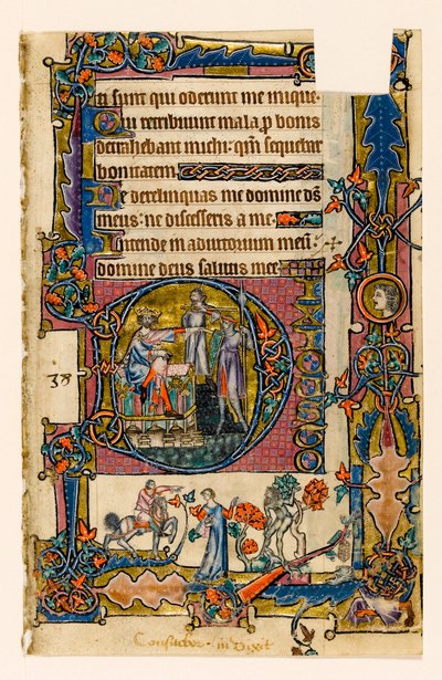 MS 1-2005, fol. 58r: Saul skickar Doeg för att döda prästerna i Nob, historisk initial från Macclesfield Psalter, Use of Sarum, East Anglia, ca 1330 av English School