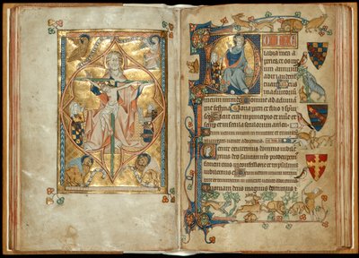 MS 242 f. 28v-29r Barmhärtighetens tron med beskyddare, Kristus välsignelse med en beskyddare, c.1314-30 (bladguld & tempera på pergament) av English School