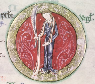 MS Hunter 229 f.4v Jungfrun, från Hunterian Psalter, c.1170 (penna & bläck och tempera på veläng) (detalj) av English School