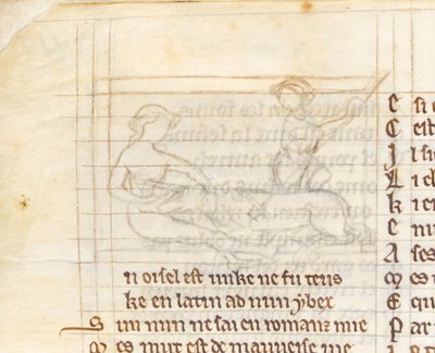 MS McClean 123 f.40v Unterzeichnung für eine Miniatur, die einen Jäger zeigt, der ein Einhorn fängt, das nackt im Schoß einer Jungfrau liegt, aus 