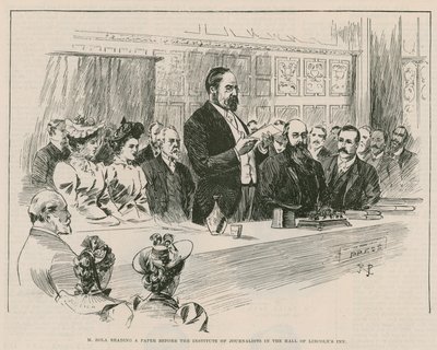 M Emile Zola läser en tidning inför Institute of Journalists i hallen på Lincolns Inn, London av English School
