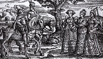 Macbeth, Banquo och de tre häxorna, The Historie of Scotlande, 1577, av English School