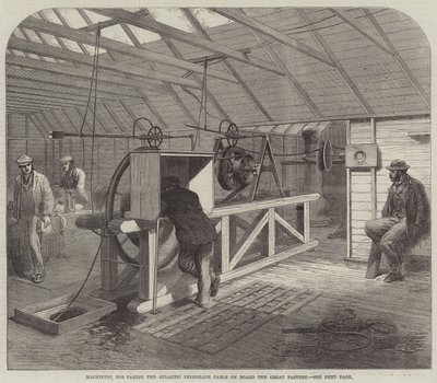 Maskiner för att ta Atlantic Telegraph Cable ombord på Great Eastern (gravyr) av English School