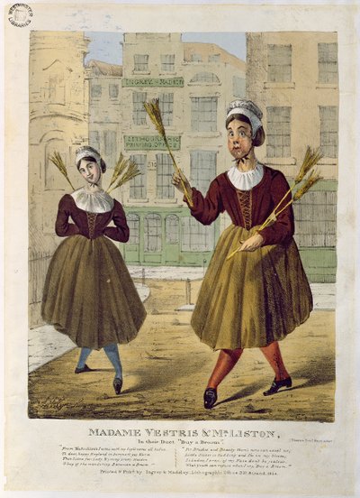 Madame Vestris och Mr Liston i sin Duett Buy a Broom, pub. av Ingrey & Madeley, 1826 av English School