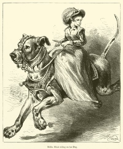 Mademoiselle Minie rider på sin hund (gravyr) av English School