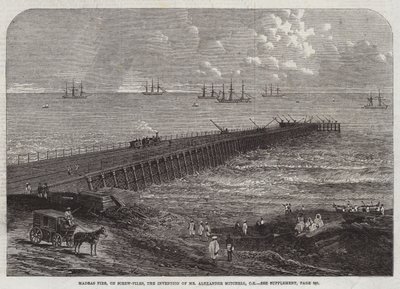 Madras Pier, på skruvhögar, uppfinning av Mr Alexander Mitchell, CE (gravyr) av English School