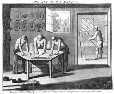 Tillverkar bäverhattar, från The Universal Magazine, London, pub. år 1750 av English School
