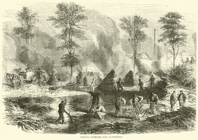 Tillverkning av träkol för krut, oktober 1870 av English School