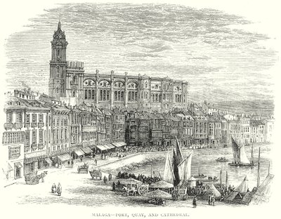 Malaga – Hafen, Kai und Kathedrale (Gravur) von English School