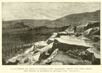 Mammoth heta källor i Gardiners River, Yellowstone National Park, Nordamerika, med terrasser av travertin eller kalktufs av English School