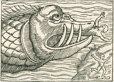 Man som blir uppäten av en sjöorm. Illustration i marginalen på en karta som utarbetats av Olaus Magnus av English School