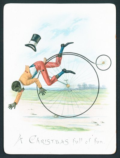 Man som faller av Penny Farthing, julkort av English School