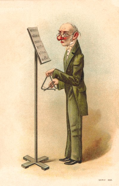 Man läser notblad för att spela triangel (färglitografi) av English School