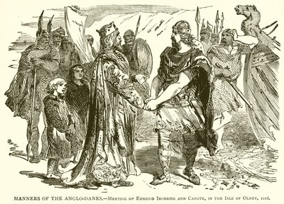 Anglo-danernas seder.-- Möte av Edmund Ironside och Knud, på Isle of Olney, 1016 av English School