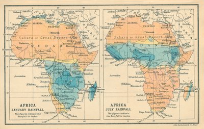 Karta över: Afrika, nederbörd i januari, nederbörd i juli (färglitografi) av English School