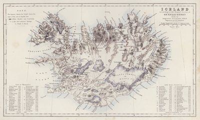 Karta: Island, enligt Trigonundersökningen av Gunnlaugsson ritad av Augustus Petermann (färglitografi) av English School