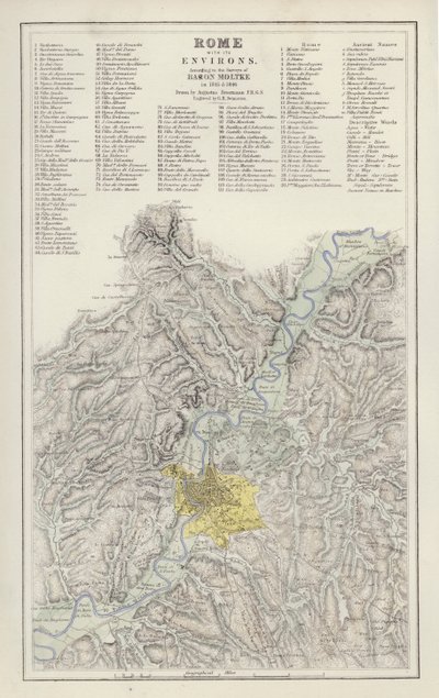 Karta: Rom med dess omgivningar, enligt Baron Moltkes undersökning, 1845 och 1846, ritad av Augustus Petermann (färg litho) av English School