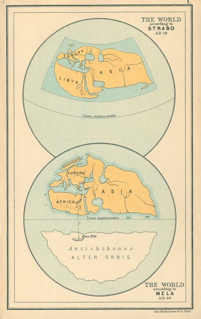 Karta: Världen enligt Strabo AD 18, Mela AD 43 (färglitografi) av English School