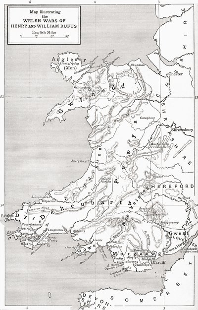 Karta som illustrerar William Rufus och Henry I:s walesiska krig, från "A Short History of the English People" av J. R. Green, publicerad 1893 av English School