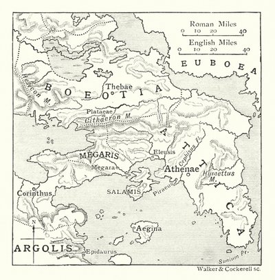 Karta över Attika, med Salamis och Aegina, Boeotia, Megaris och en del av Korinthien och Argolis (litografi) av English School