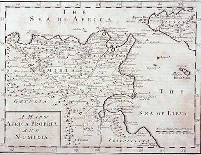 Karta över Afrika Propria och Numidia (moderna Tunisien och Algeriet) sent 1700-tal (gravyr) av English School