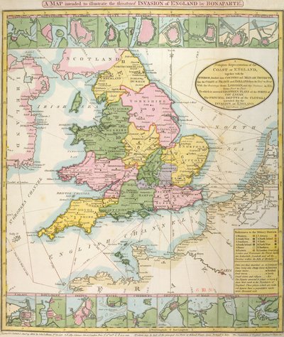Karta över Storbritannien, som illustrerar den hotade invasionen av Napoleon Bonaparte (1769-1821) 1803 (färg litho) av English School