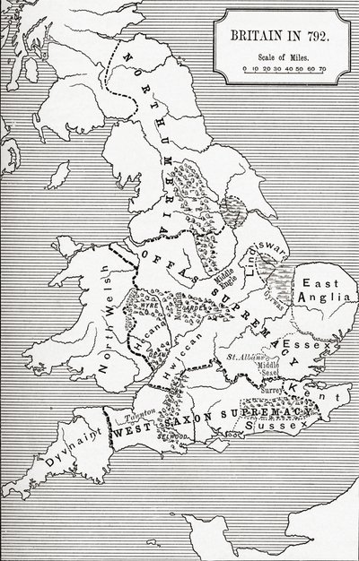 Karta över Storbritannien 792, från The Three Kingdoms 685 till 828 i 